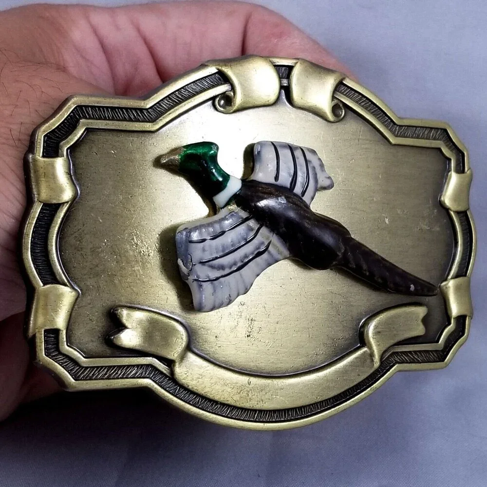 Vintage Belt‎ Buckle Flying Duck Pheasant Bird Western Style Gold Color Embossed